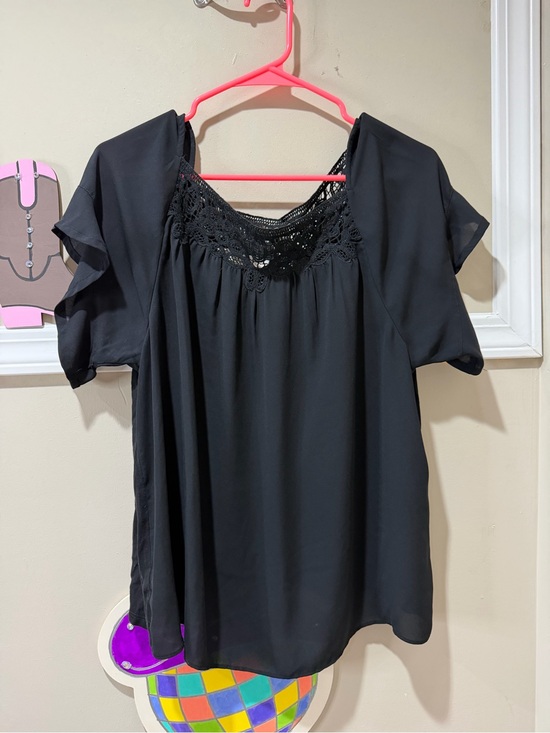LOFT Tops - LOFT Black Crochet Yoke Flutter Sleeve Blouse